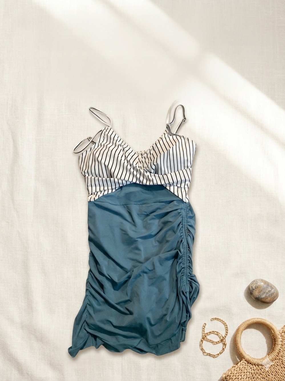 Striped Bust Tank Dress with Teal Ruched Skirt